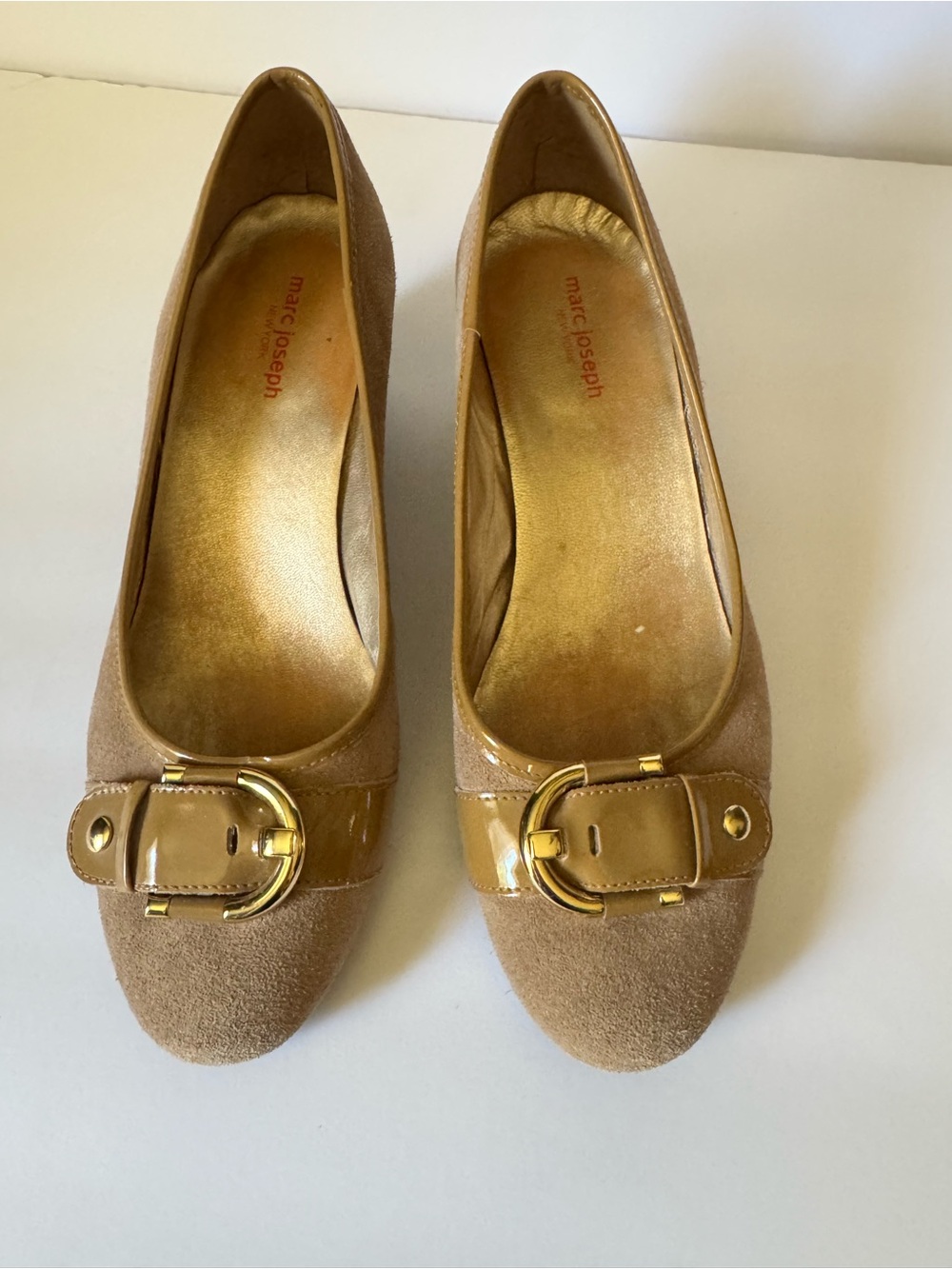 Marc Joseph Women’s 11 Taupe Faux Suede Wedge With Gold Buckle Shoe Dress Casual